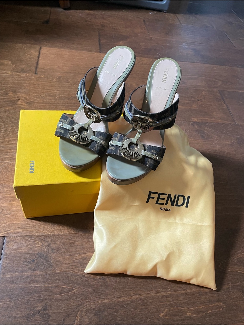 Fendi Brown Green Monogram Wood-Heel Mules - Picture 3 of 4